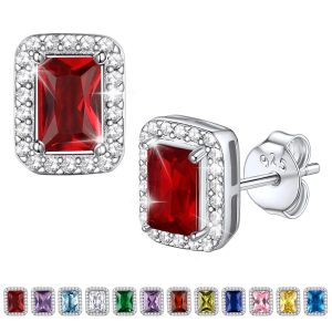 Square Diamond Stud Earrings January Garnet Birthstone Earrings, Sterling Silver Earrings Birthday Jewelry Gift for Women