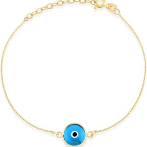 14K Solid Gold Evil Eye Bracelet for Women