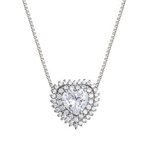 Women'S Fine Silver Plated Cubic Zirconia Heart Necklace, 18" +2"